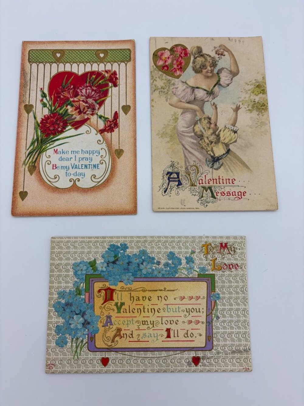 Antique Valentine Postcards Lot 3 1911 Winsch P Sander Embossed Hearts Germany